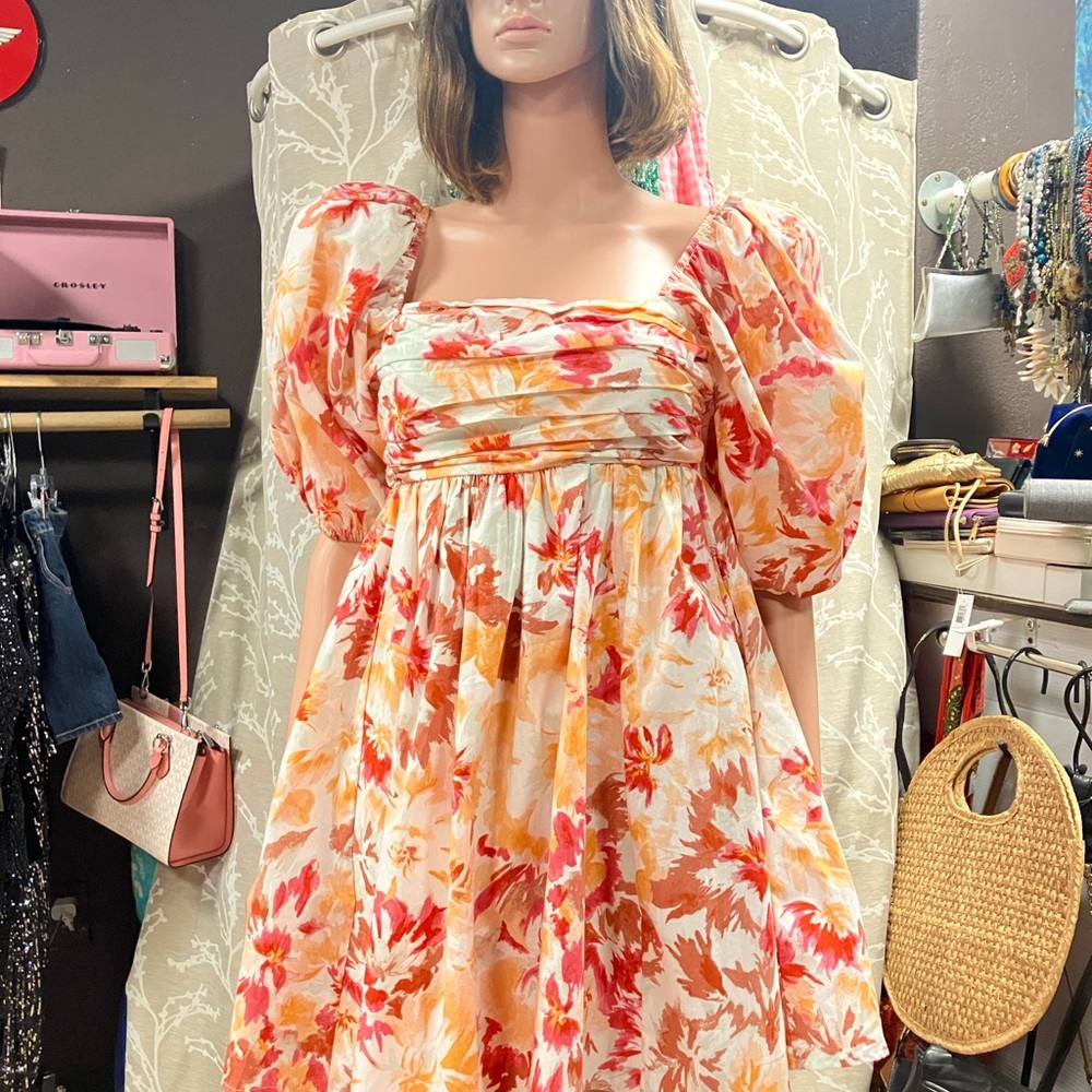 Abercrombie & Fitch Orange Floral Puff Sleeve Dress